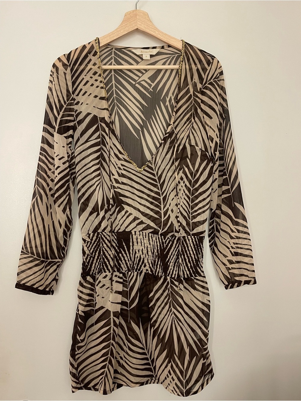 Accessorize Tropical leaf print mini dress cover up Brown & Cream Size Small